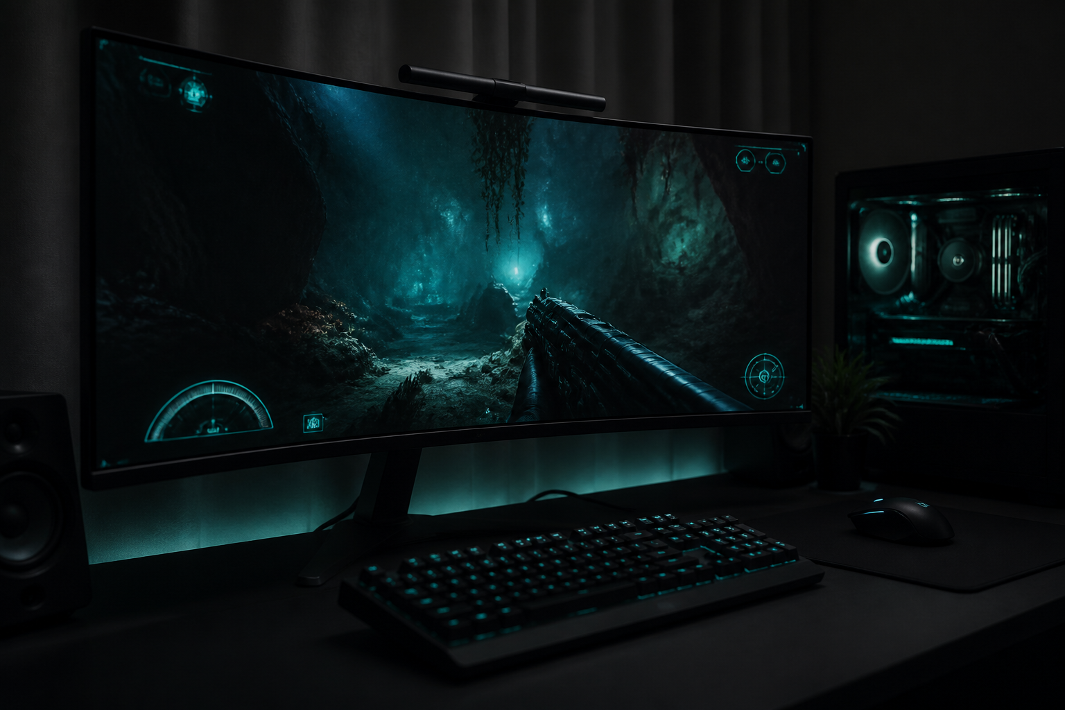 Dark gaming desk with an ultrawide monitor